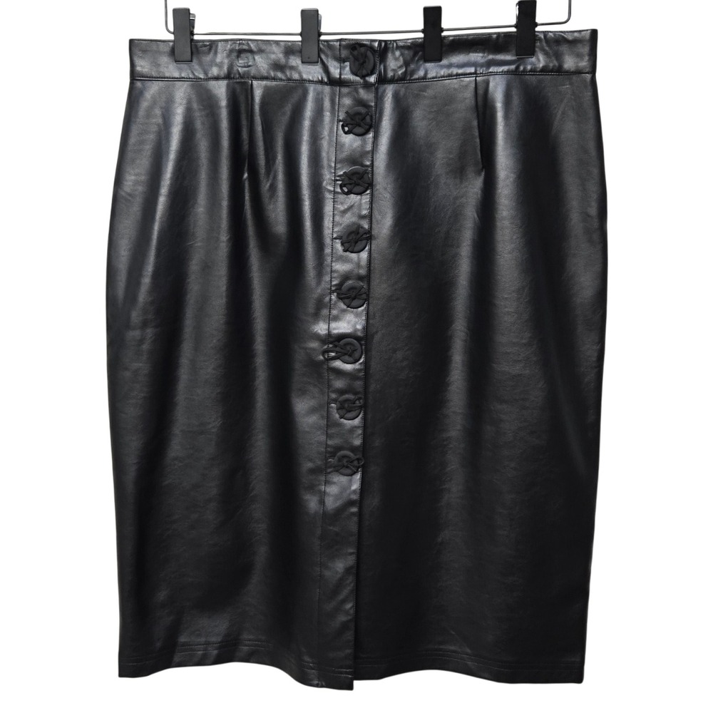 ELVI Pencil Skirt Plus Size 20 Black‎ Faux Leather Midi Unique Button Bow Whimsy